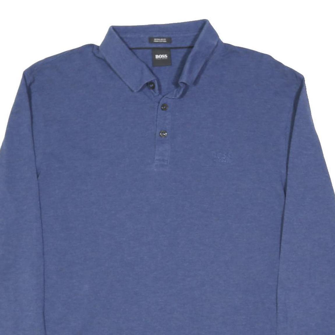 BOSS HUGO BOSS Mens Blue Long Sleeve Plain Polo Shirt XL Cotton Blend Classic