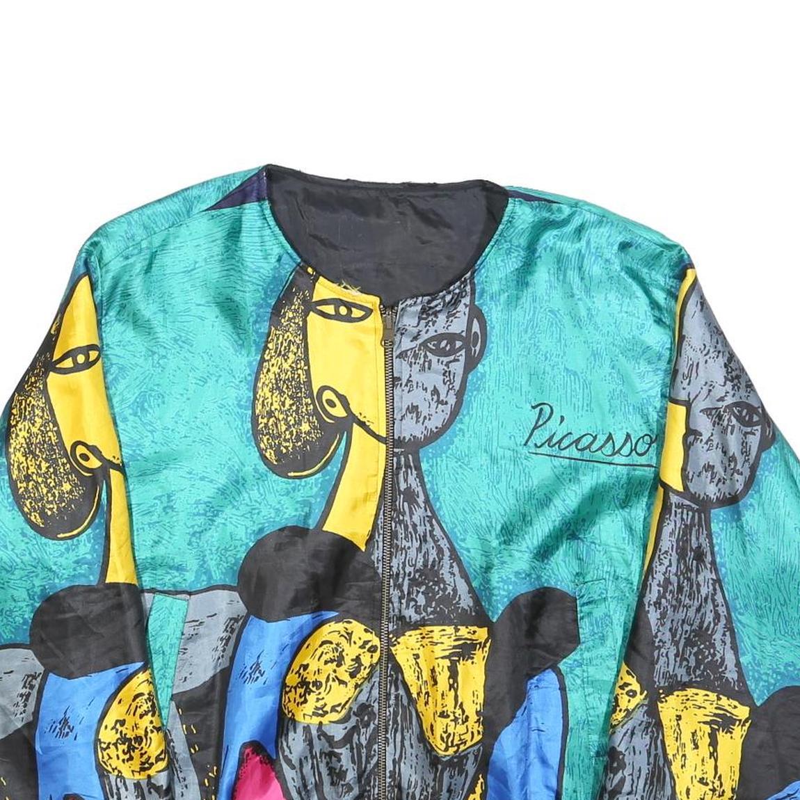 PICASSO Womens Blue Yellow Black Nylon Jacket L Artistic Print Zip Pattern