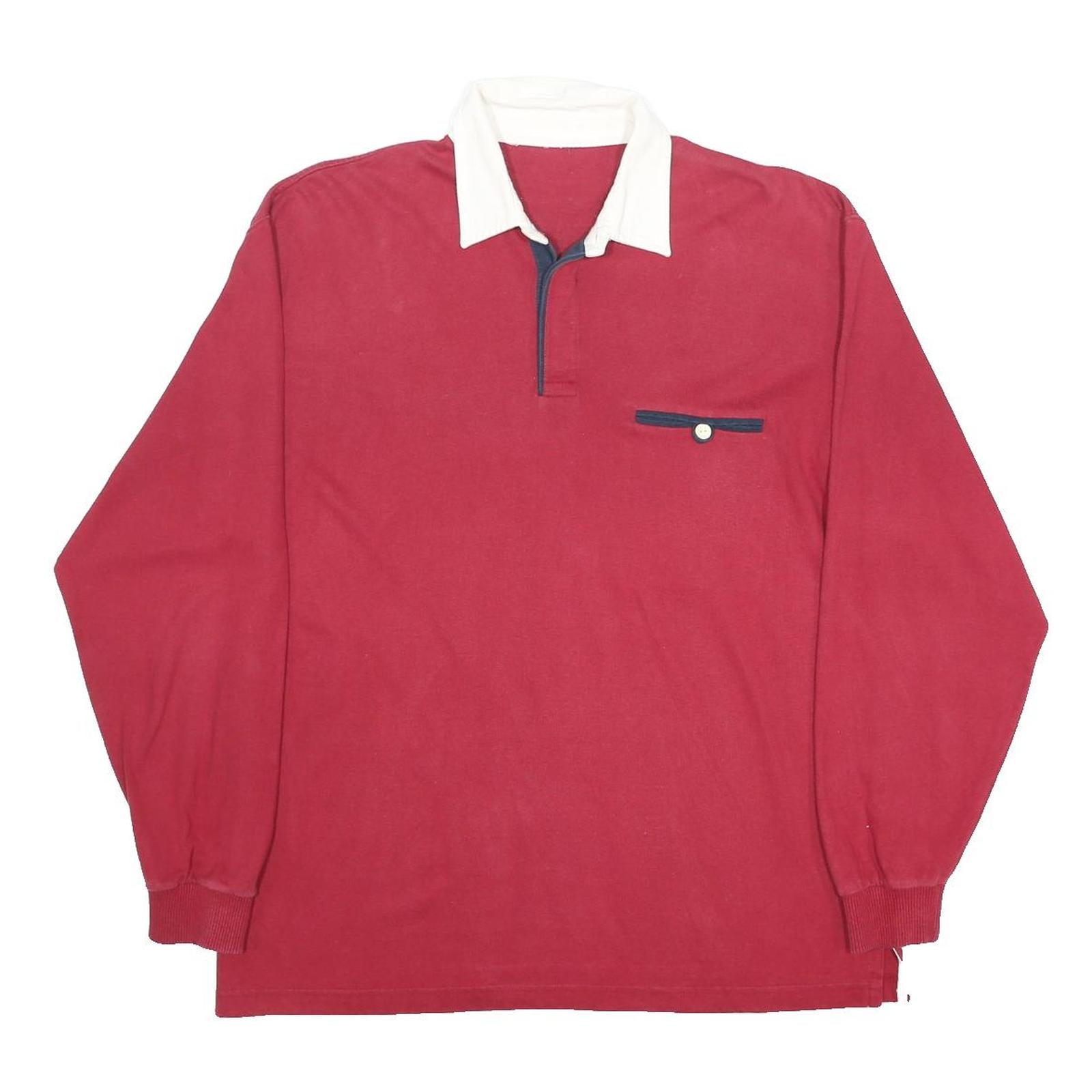 Mens Red And White Long Sleeve Plain Polo Shirt L Cotton Blend Casual