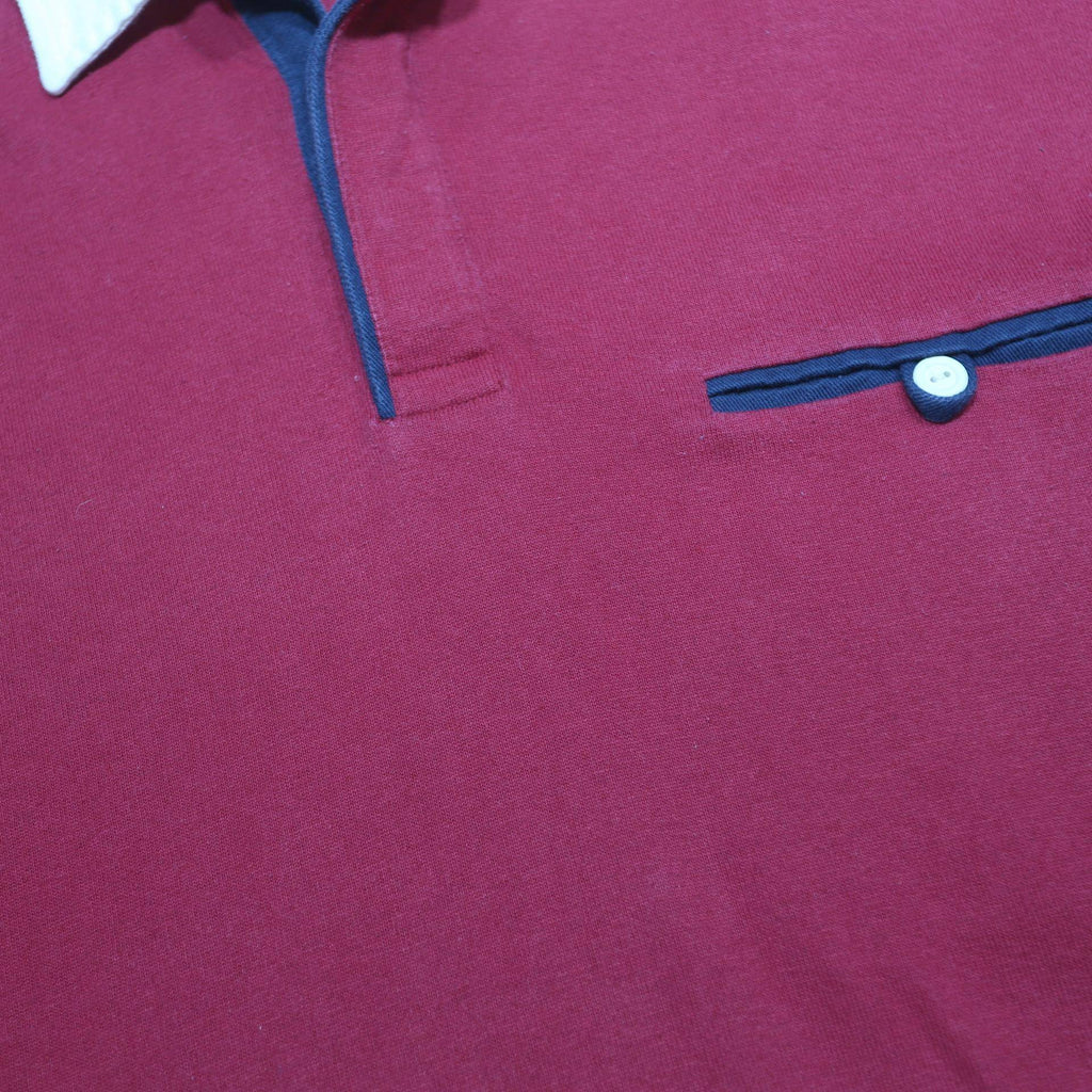 Mens Red And White Long Sleeve Plain Polo Shirt L Cotton Blend Casual