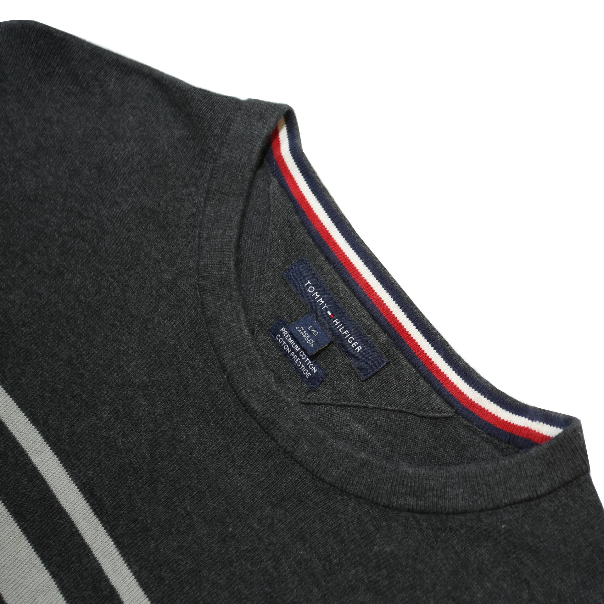 TOMMY HILFIGER Mens Grey & Light Grey Striped Pattern Plain Crew Neck Basic Knit