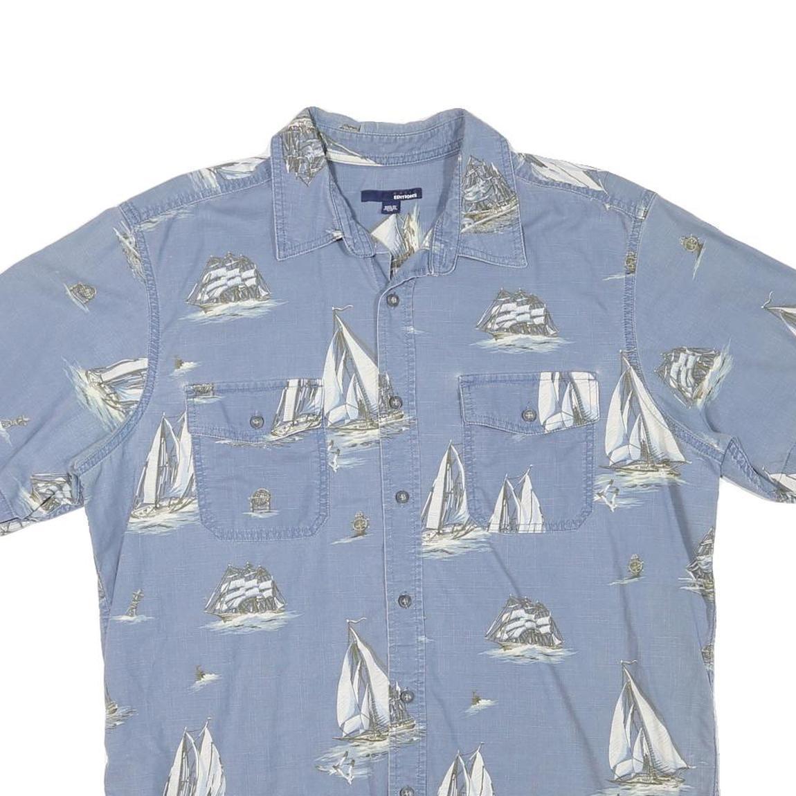 BASIC EDITION Mens Blue Shirt L Cotton Blend Sailing Boat Print Summer Casual