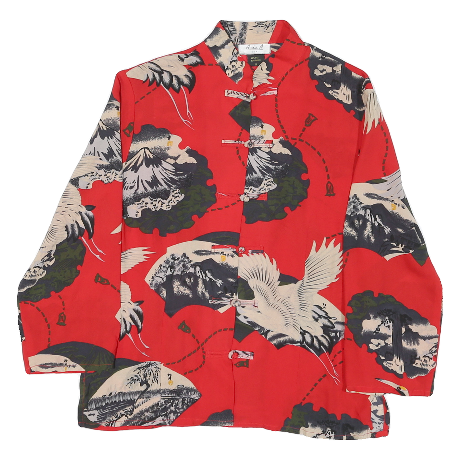 ANIA.A Womens Red Printed Blouse Long Sleeve Button Neck S Crane and Mountain