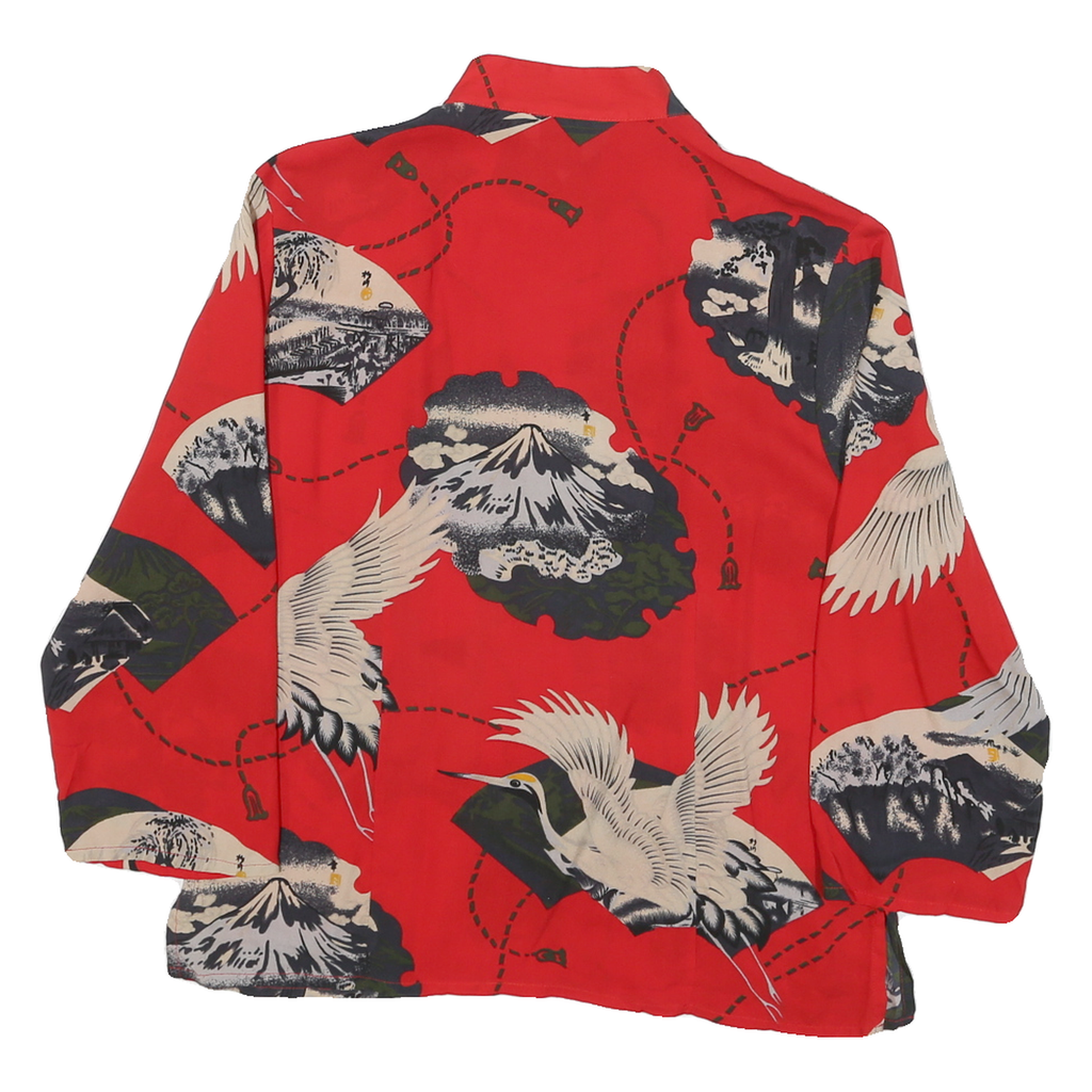 ANIA.A Womens Red Printed Blouse Long Sleeve Button Neck S Crane and Mountain