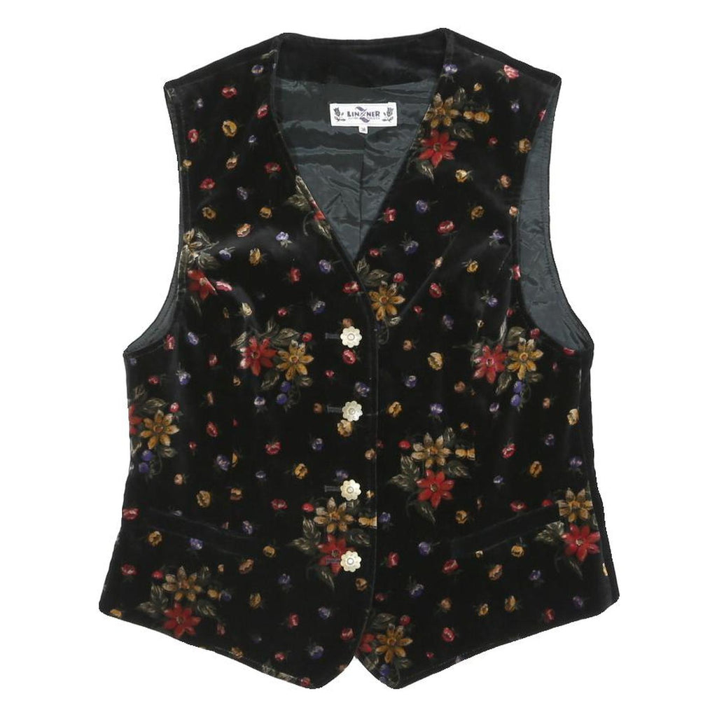 LINZNER Womens Black Floral Patterned Jacket M Cotton Blend Button Closure