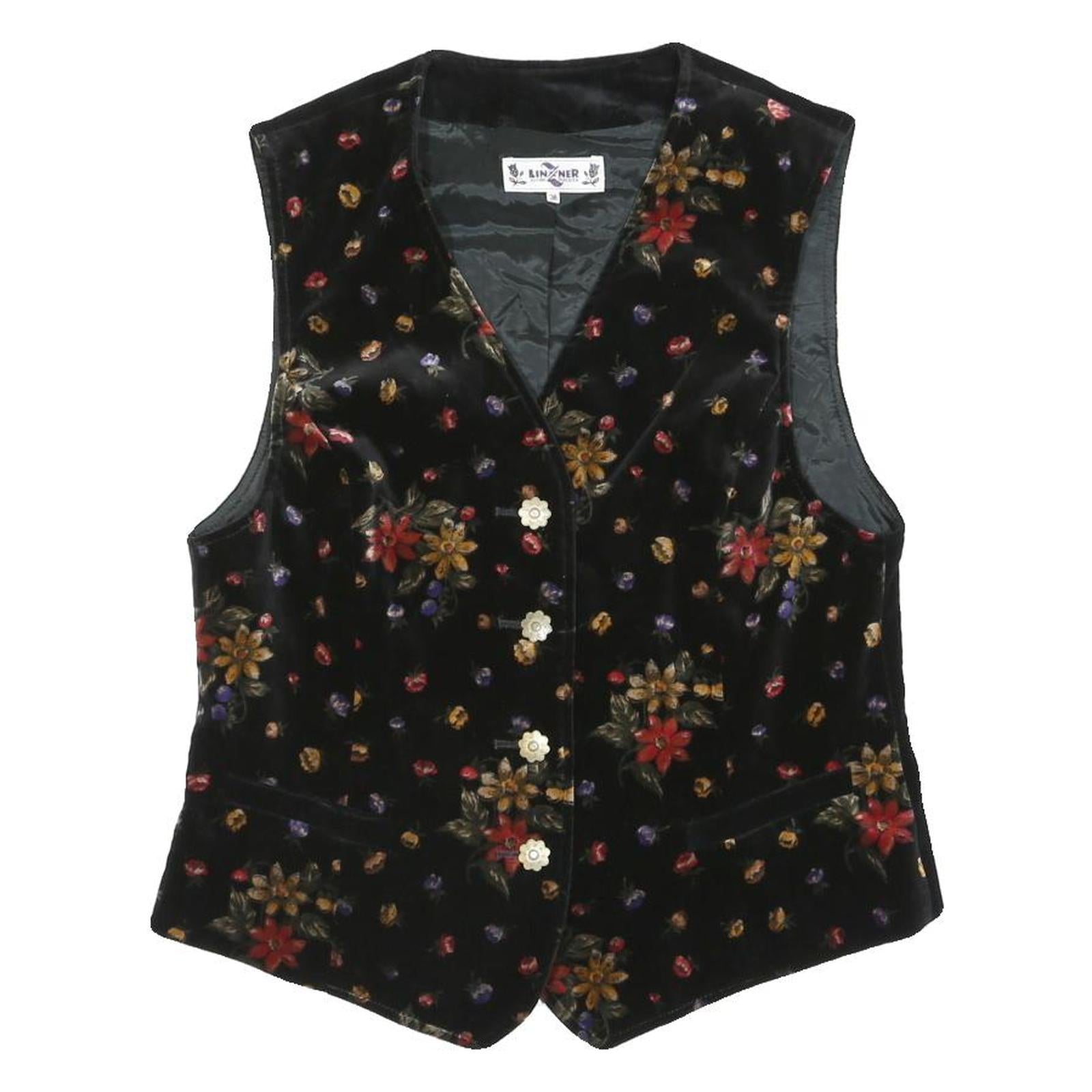 LINZNER Womens Black Floral Patterned Jacket M Cotton Blend Button Closure