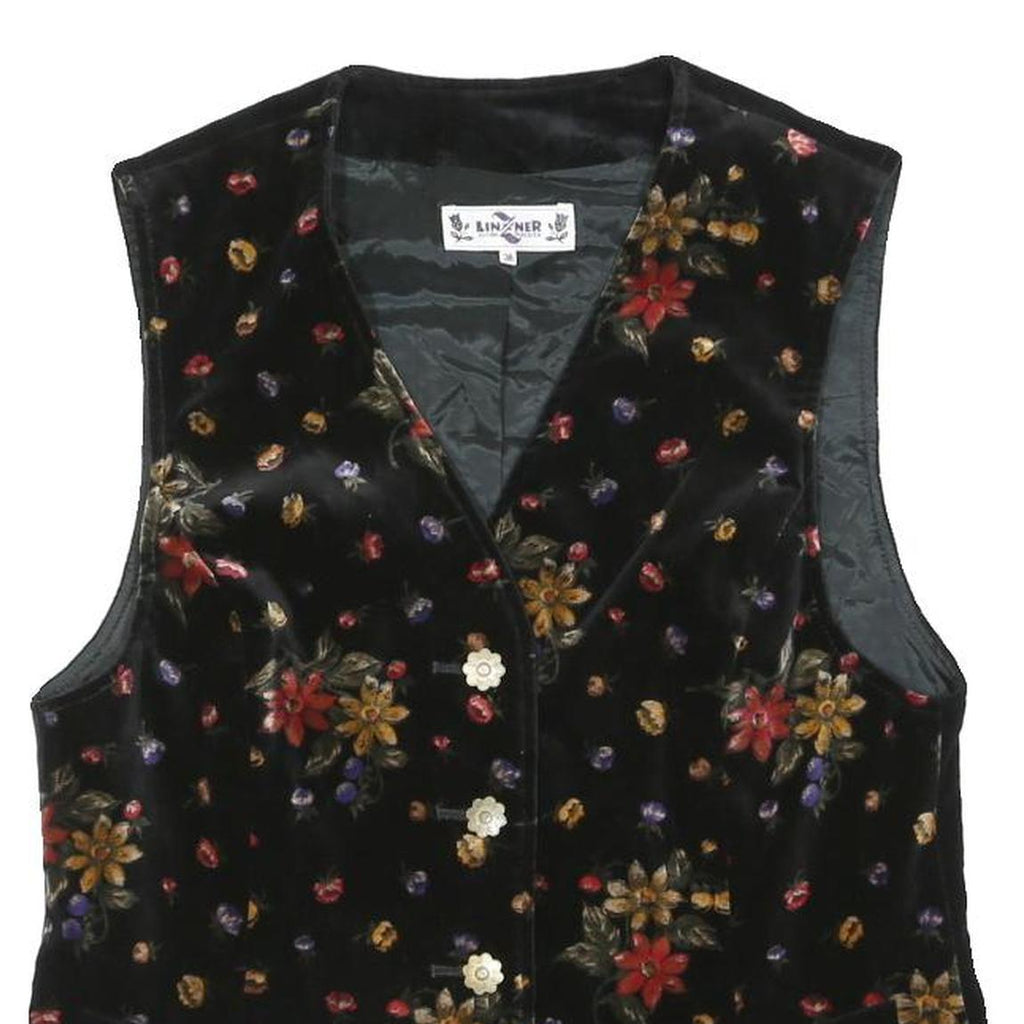 LINZNER Womens Black Floral Patterned Jacket M Cotton Blend Button Closure