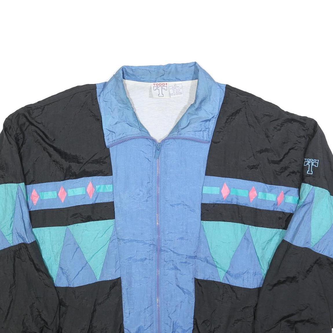 TODD1 Mens Black & Blue Nylon Zip Jacket 2XL Retro Geometric Pattern Lightweight