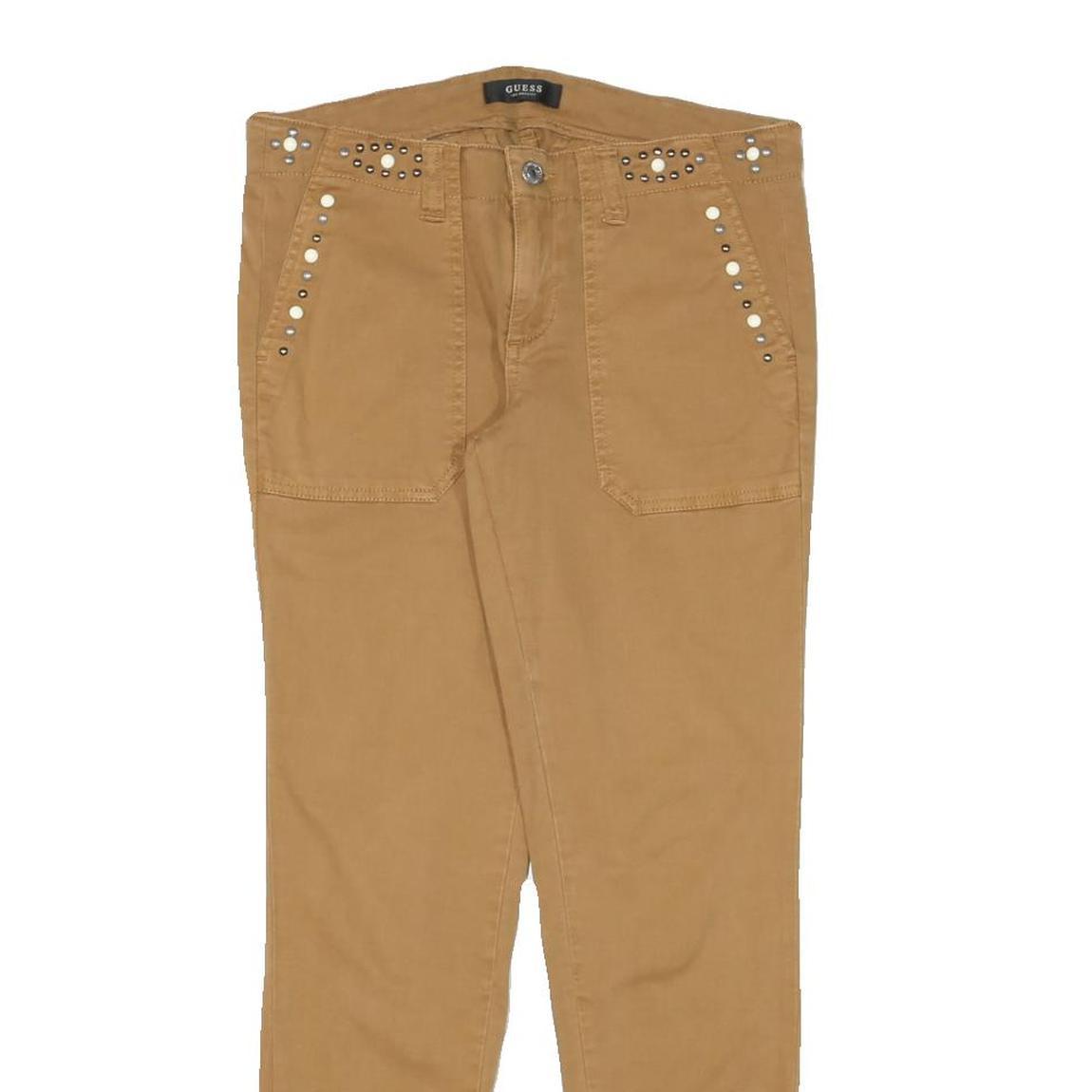 GUESS Womens Cotton Blend Brown Slim Skinny Trousers W30 L28 Stylish Stud Detail