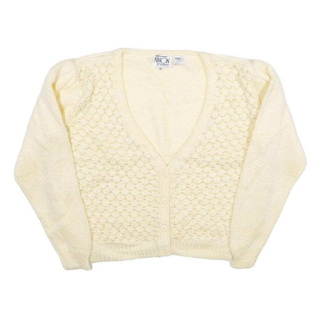 NINON DE LENCLOS Womens Cream Patterned Cardigan Chunky Knit M V-Neck Acrylic