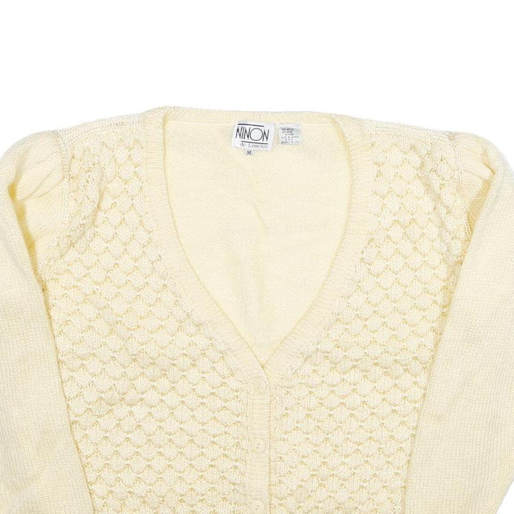NINON DE LENCLOS Womens Cream Patterned Cardigan Chunky Knit M V-Neck Acrylic