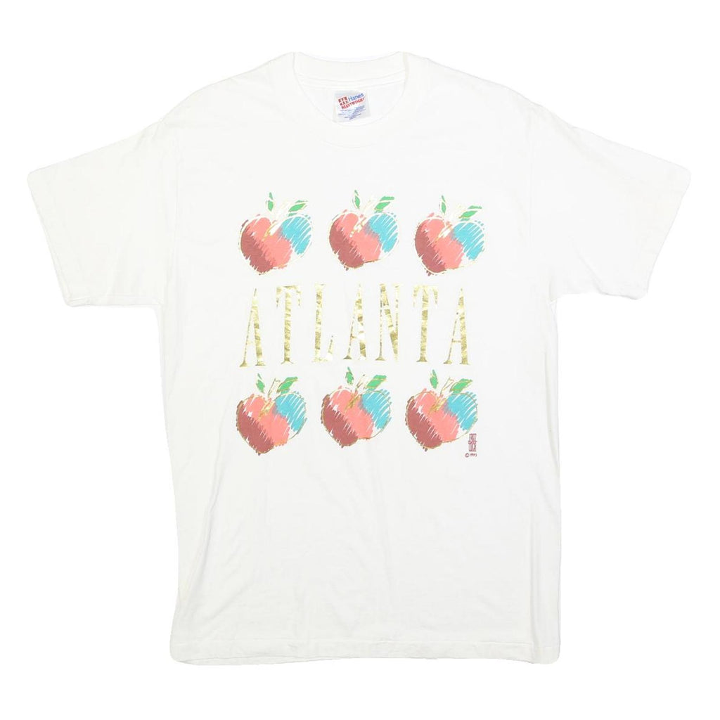 HANES Mens White Cotton Blend Atlanta Graphic T-Shirt M Short Sleeve Crew Neck