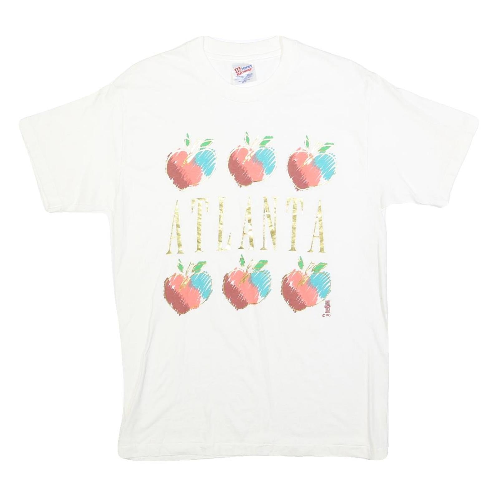 HANES Mens White Cotton Blend Atlanta Graphic T-Shirt M Short Sleeve Crew Neck