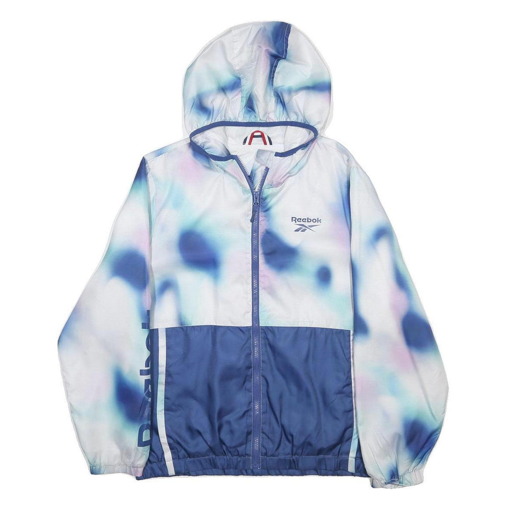 REEBOK Womens Blue & White Colourblock Hooded Zip Jacket L Polyester Sportswear