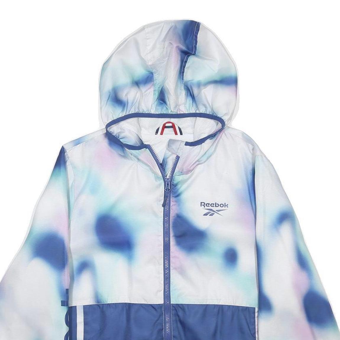 REEBOK Womens Blue & White Colourblock Hooded Zip Jacket L Polyester Sportswear