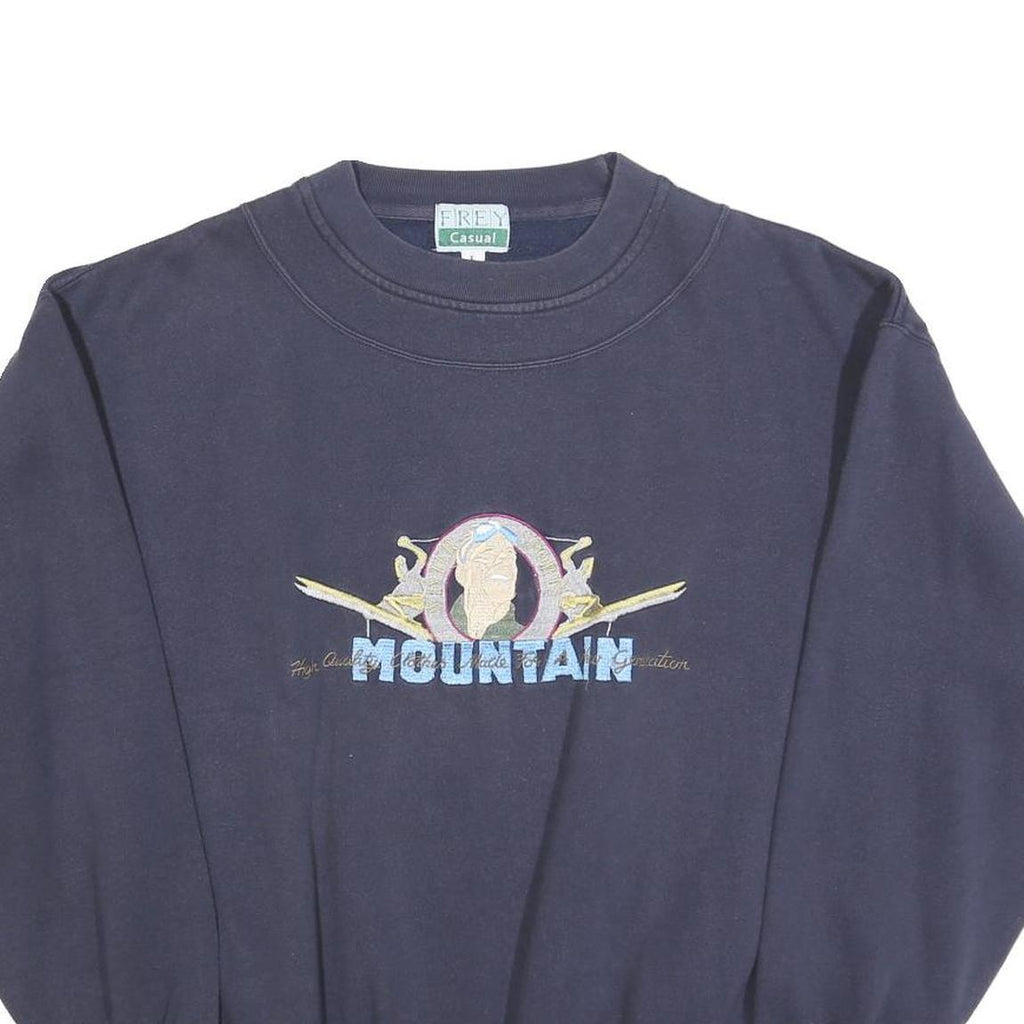 FREY Mens Blue Cotton Blend Crew Neck L Sweatshirt Mountain Graphic Embroidery