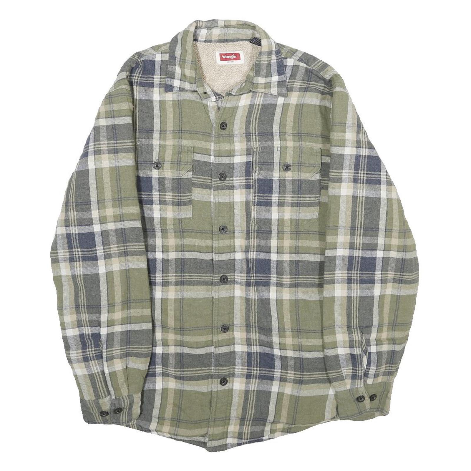 WRANGLER Mens Green & Grey Check Flannel Jacket S Cotton Blend Button Closure