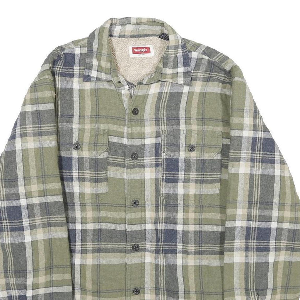 WRANGLER Mens Green & Grey Check Flannel Jacket S Cotton Blend Button Closure