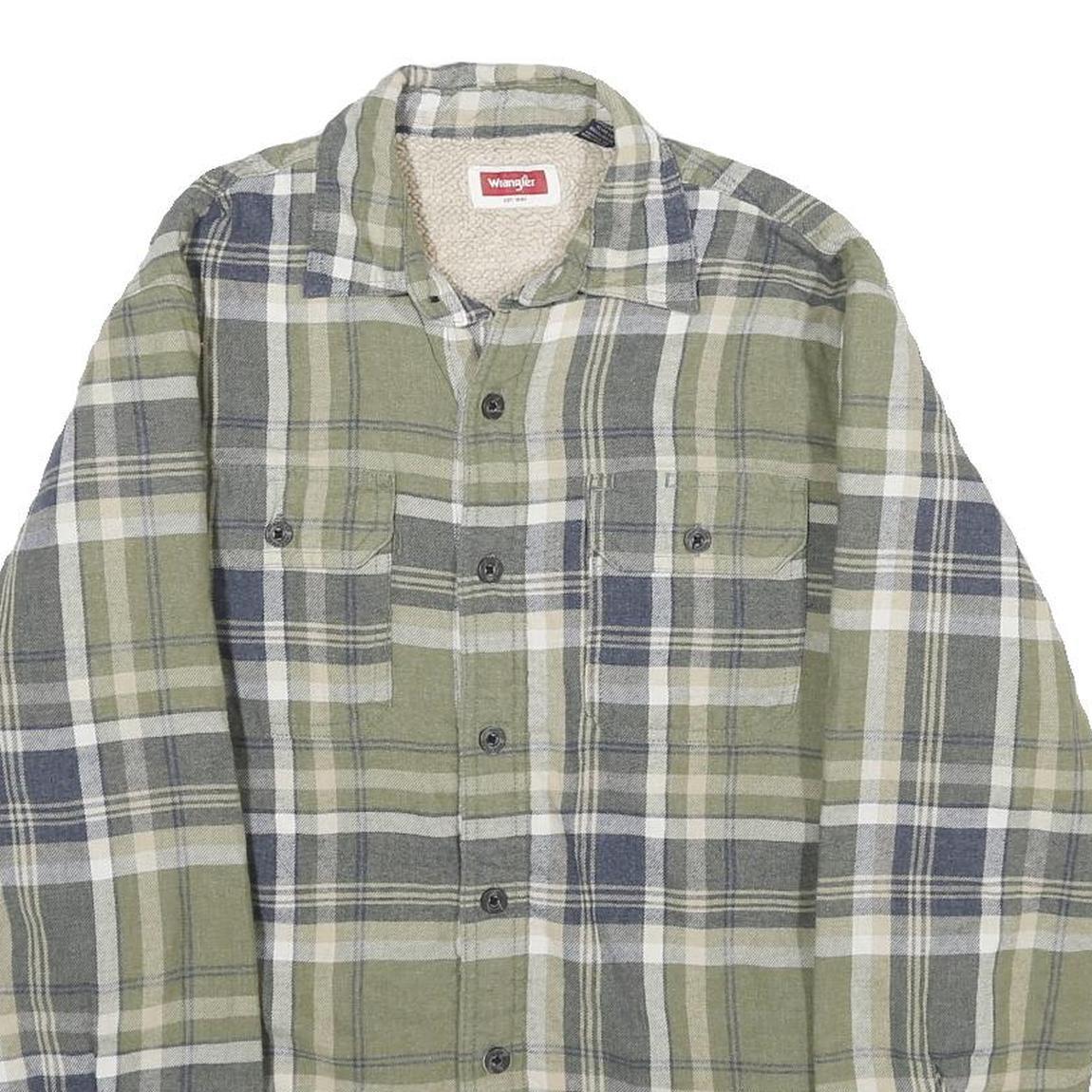 WRANGLER Mens Green & Grey Check Flannel Jacket S Cotton Blend Button Closure