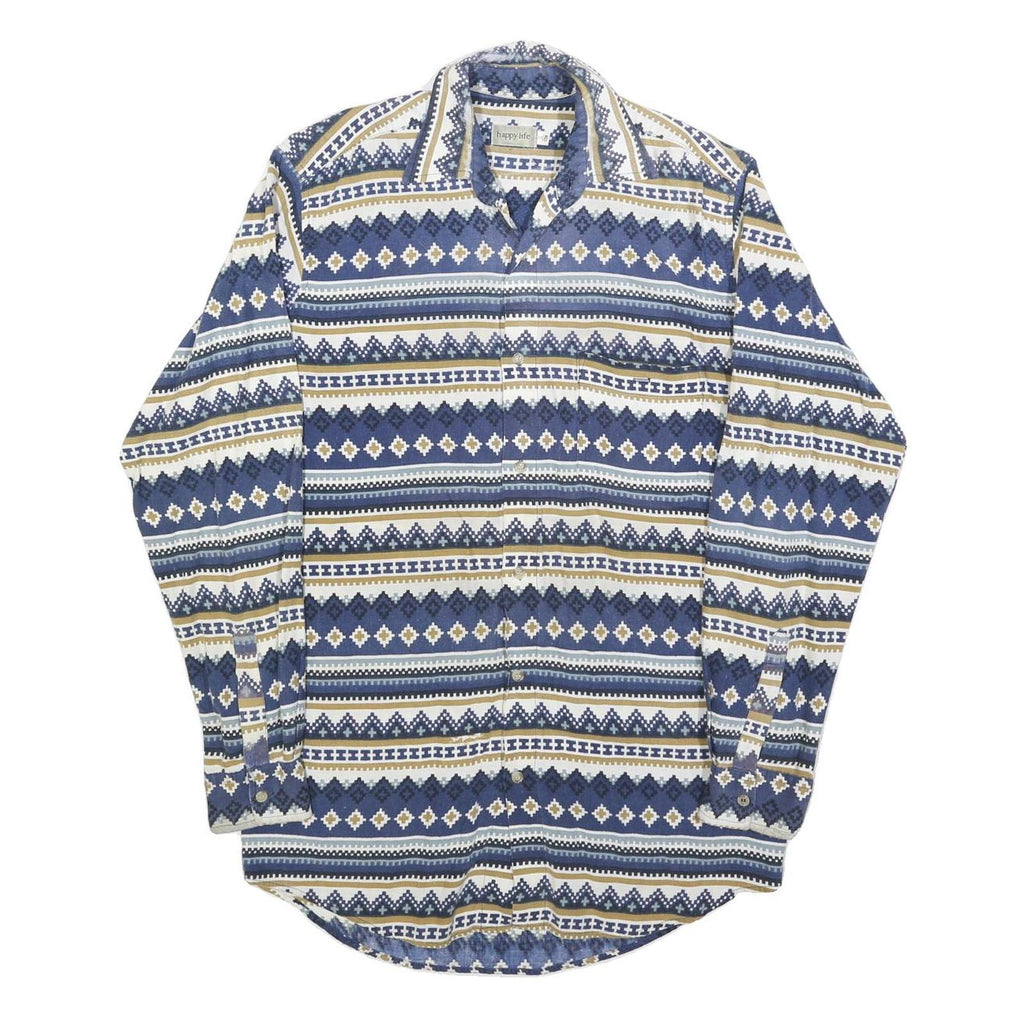 HAPPY LIFE Mens Blue & White Patterned Cotton Blend Shirt S Casual Long Sleeve