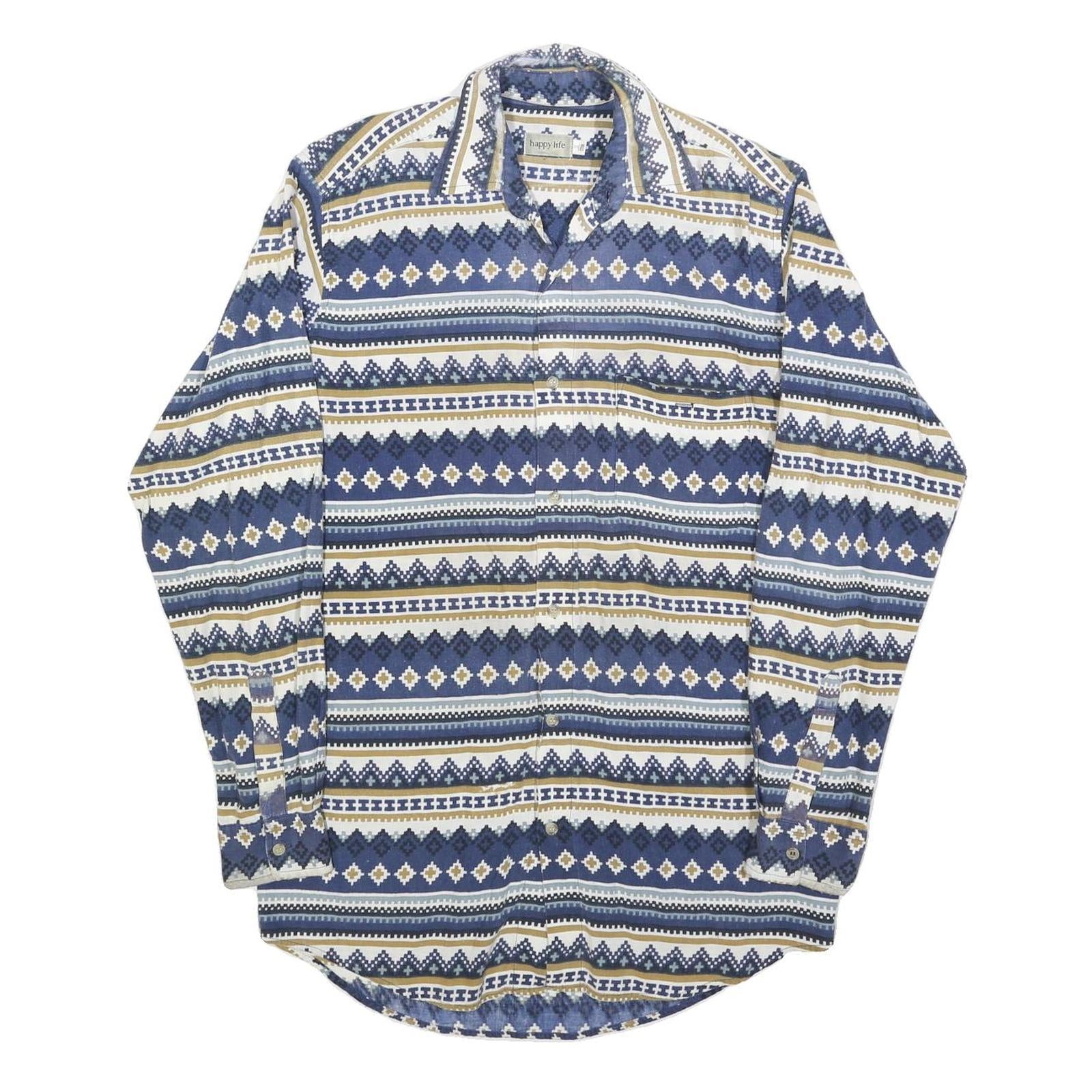 HAPPY LIFE Mens Blue & White Patterned Cotton Blend Shirt S Casual Long Sleeve