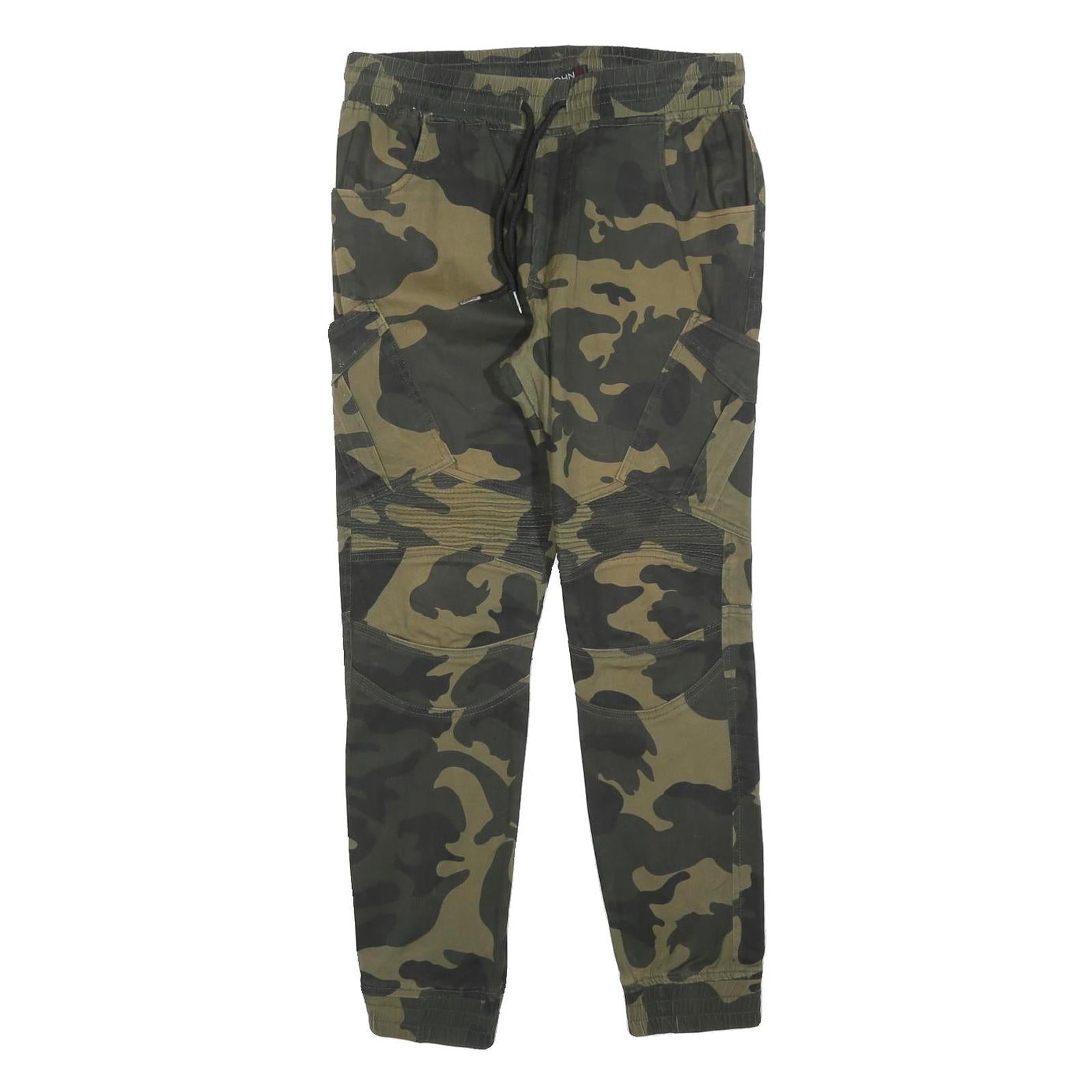 JOHN H Mens Cotton Blend Slim Camouflage Cargo Trousers W30 L28 Drawstring Waist