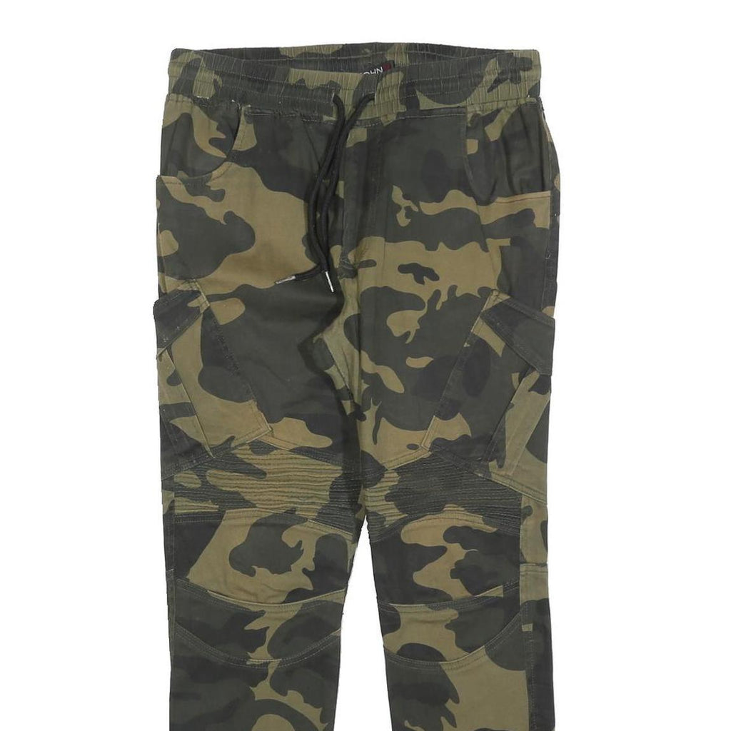 JOHN H Mens Cotton Blend Slim Camouflage Cargo Trousers W30 L28 Drawstring Waist