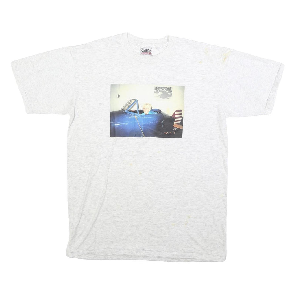 ONEITA Mens White Printed T-Shirt 2XL Short Sleeve Crew Neck Cotton Blend Casual