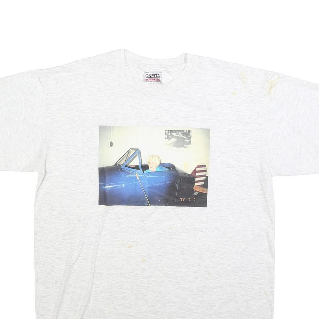 ONEITA Mens White Printed T-Shirt 2XL Short Sleeve Crew Neck Cotton Blend Casual