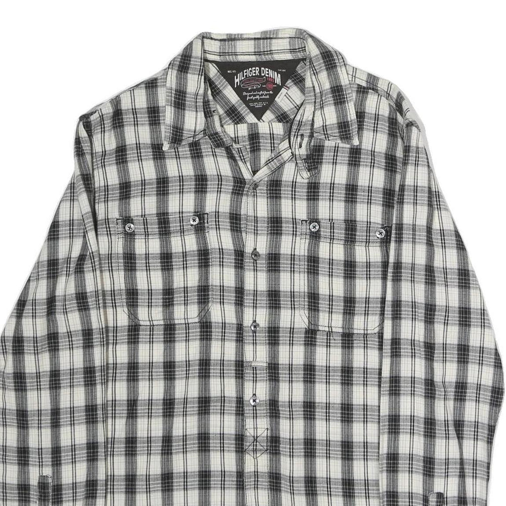 HILFIGER DENIM Mens Black & White Checked Shirt M Cotton Blend Long Sleeve