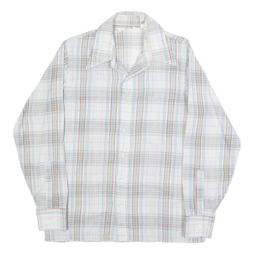 Mens White & Green Check Casual Shirt L Cotton Blend Long Sleeve Button Closure
