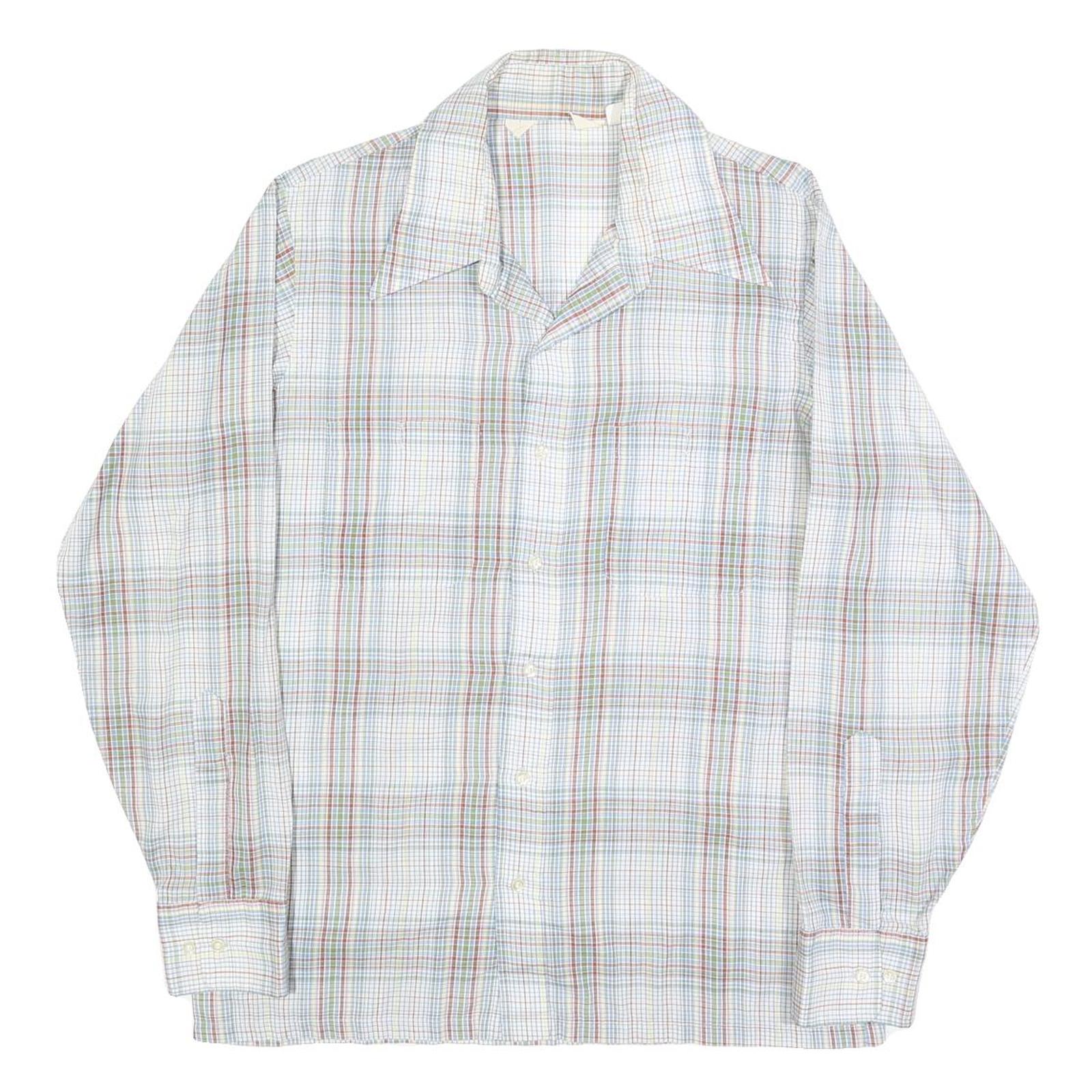 Mens White & Green Check Casual Shirt L Cotton Blend Long Sleeve Button Closure