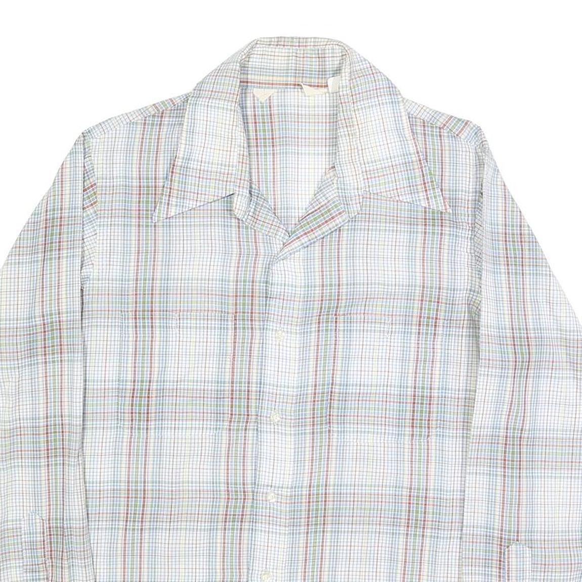 Mens White & Green Check Casual Shirt L Cotton Blend Long Sleeve Button Closure