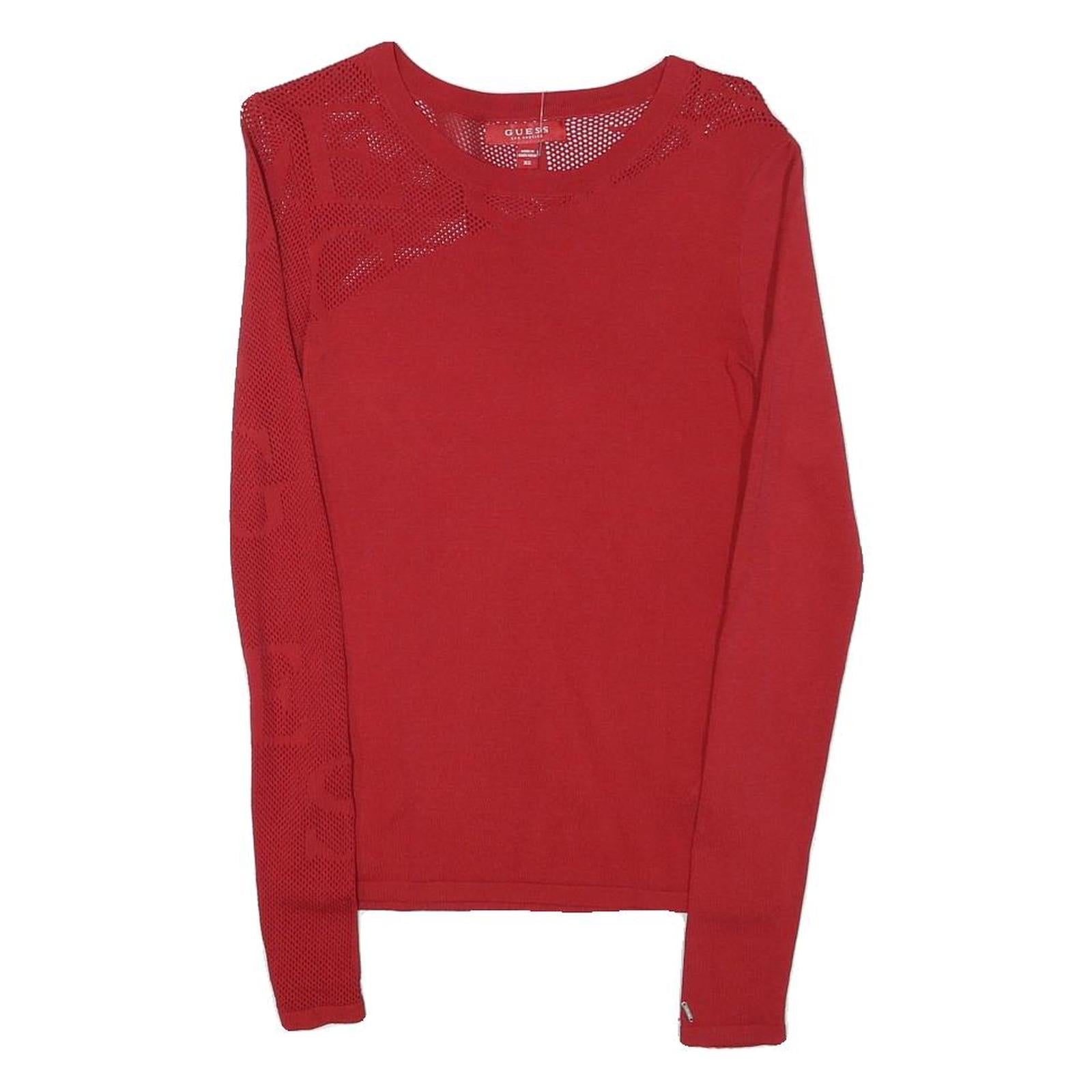 GUESS Womens Red Patterned Jumper Round Neck Basic Knit XS Stylish Cotton Blend