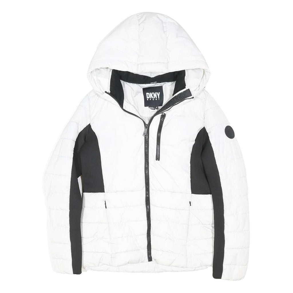 DKNY Womens White & Black Hooded Zip Jacket M Polyester Blend Sport Casual