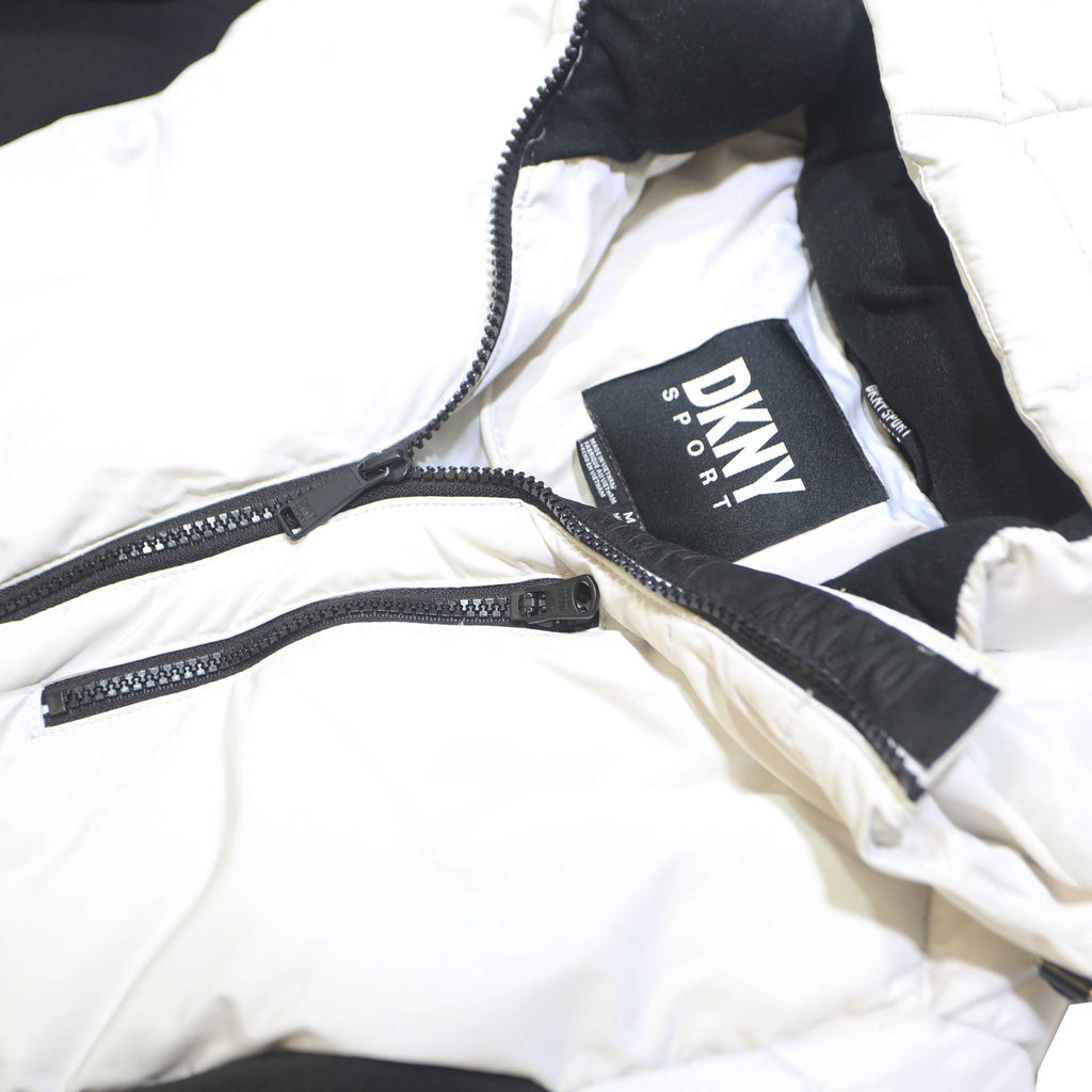 DKNY Womens White & Black Hooded Zip Jacket M Polyester Blend Sport Casual