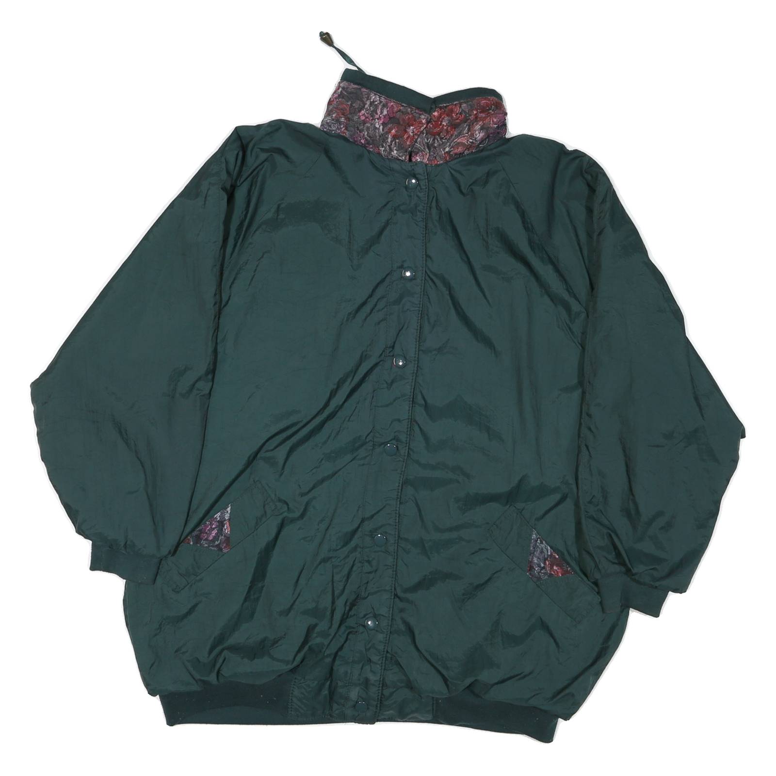 Womens Green Nylon Reversible Button Jacket L Plain Casual Lightweight Outerwear