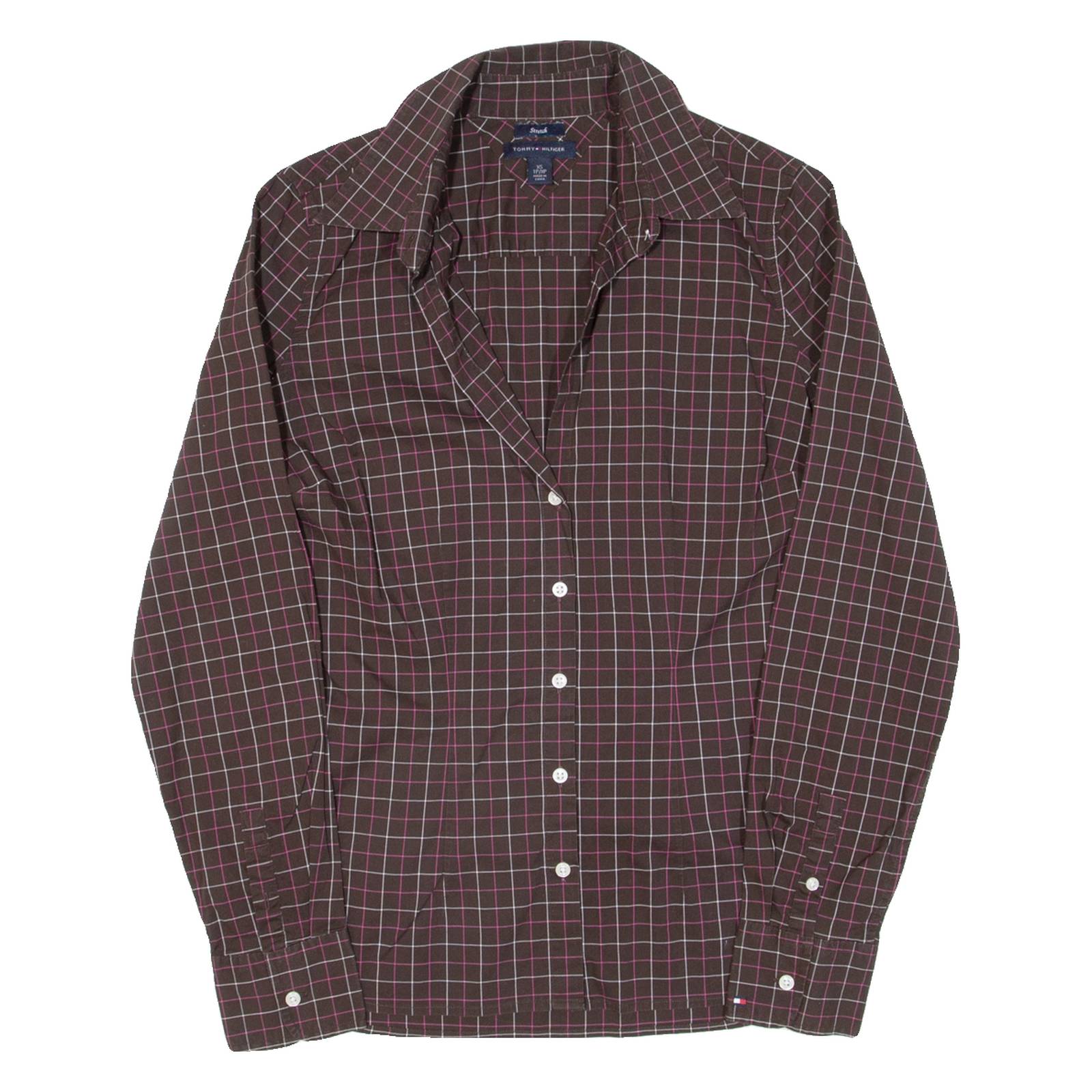 TOMMY HILFIGER Womens Shirt Brown Check Long Sleeve XS