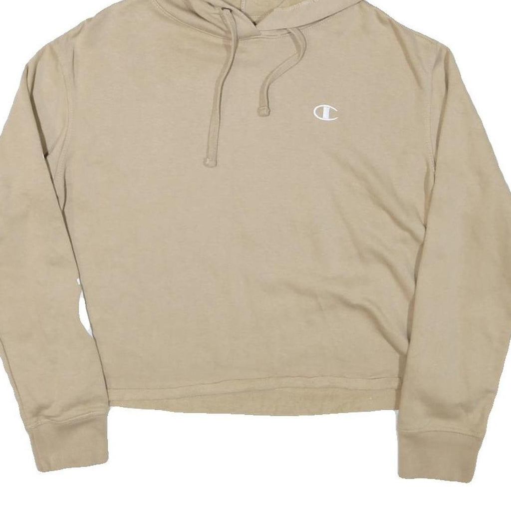 CHAMPION Womens Beige Cotton Blend Pullover Hoodie M Champion Script Sleeve