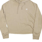 CHAMPION Womens Beige Cotton Blend Pullover Hoodie M Champion Script Sleeve