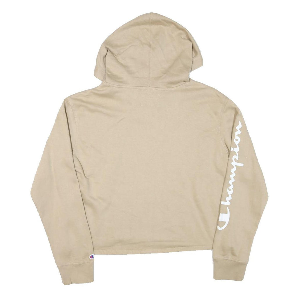 CHAMPION Womens Beige Cotton Blend Pullover Hoodie M Champion Script Sleeve