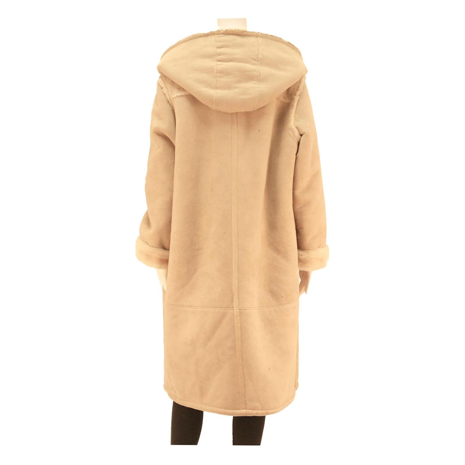 LEADERMANN Womens Beige Hooded Button Jacket M Cotton Blend Classic Coat Long