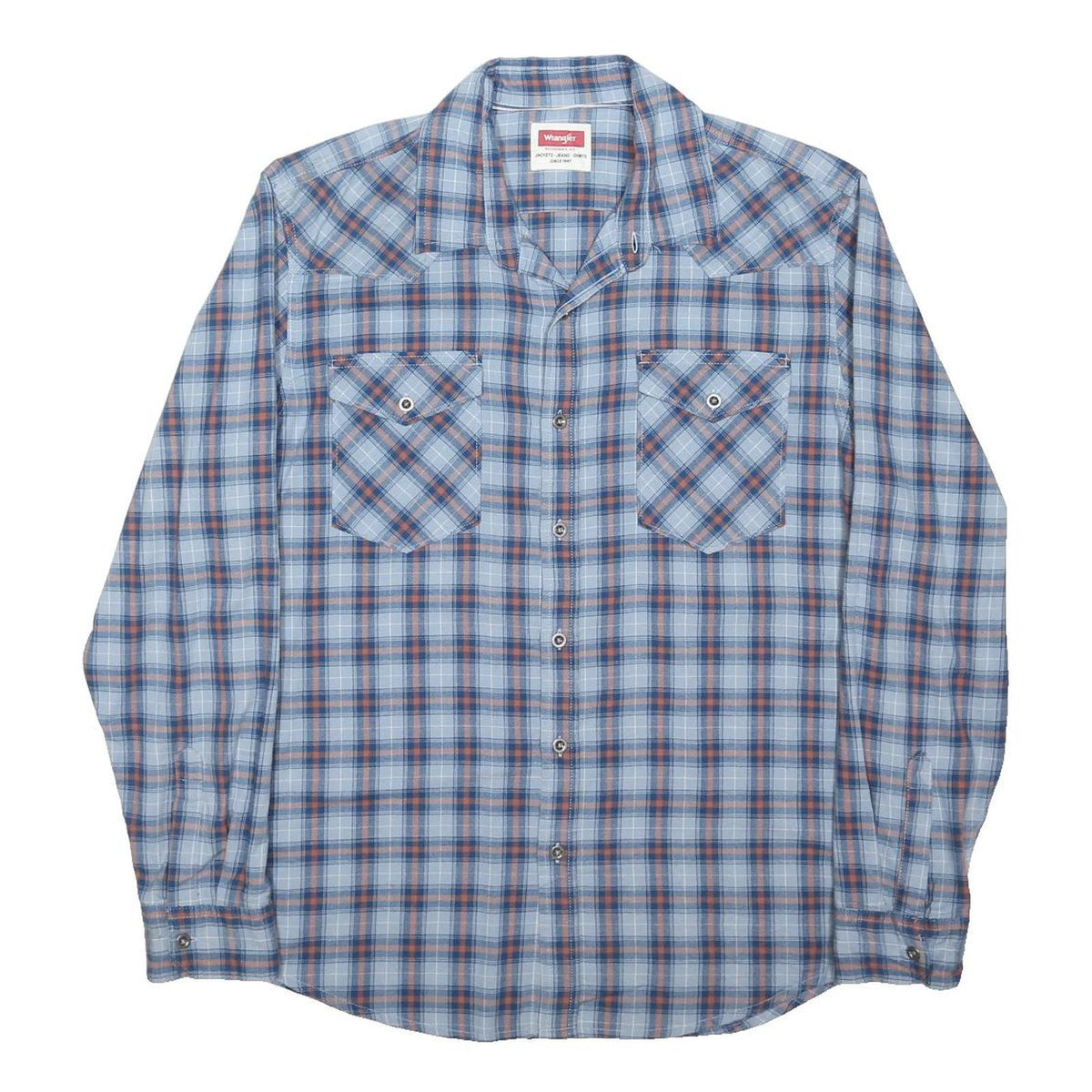 WRANGLER Mens Blue & Orange Checked Cotton Blend Shirt L Casual Classic Fit