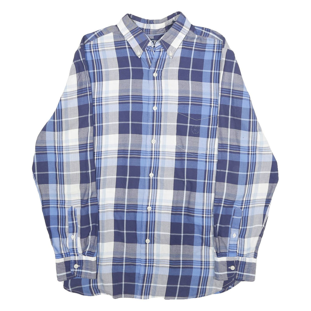 CHAPS Mens Blue & Grey Check Shirt M Classic Button-Down Collar Cotton Blend