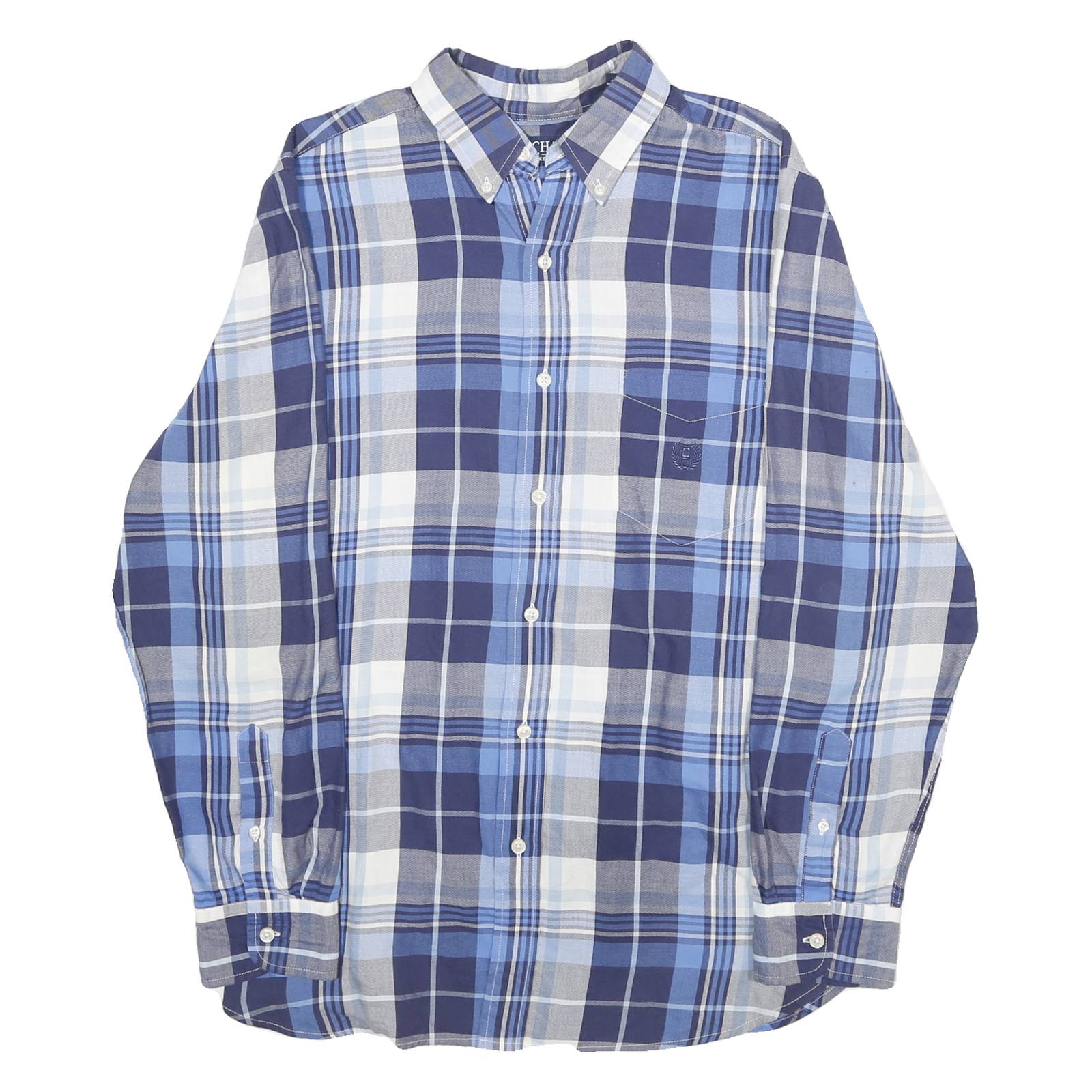 CHAPS Mens Blue & Grey Check Shirt M Classic Button-Down Collar Cotton Blend