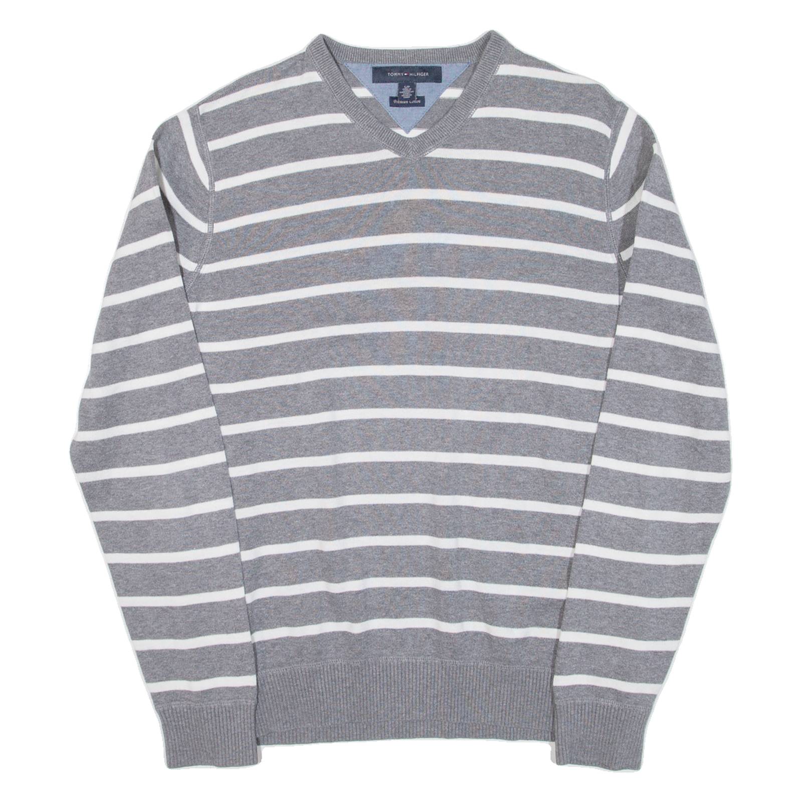 TOMMY HILFIGER Mens Patterned Jumper Grey Striped V-Neck Tight Knit S