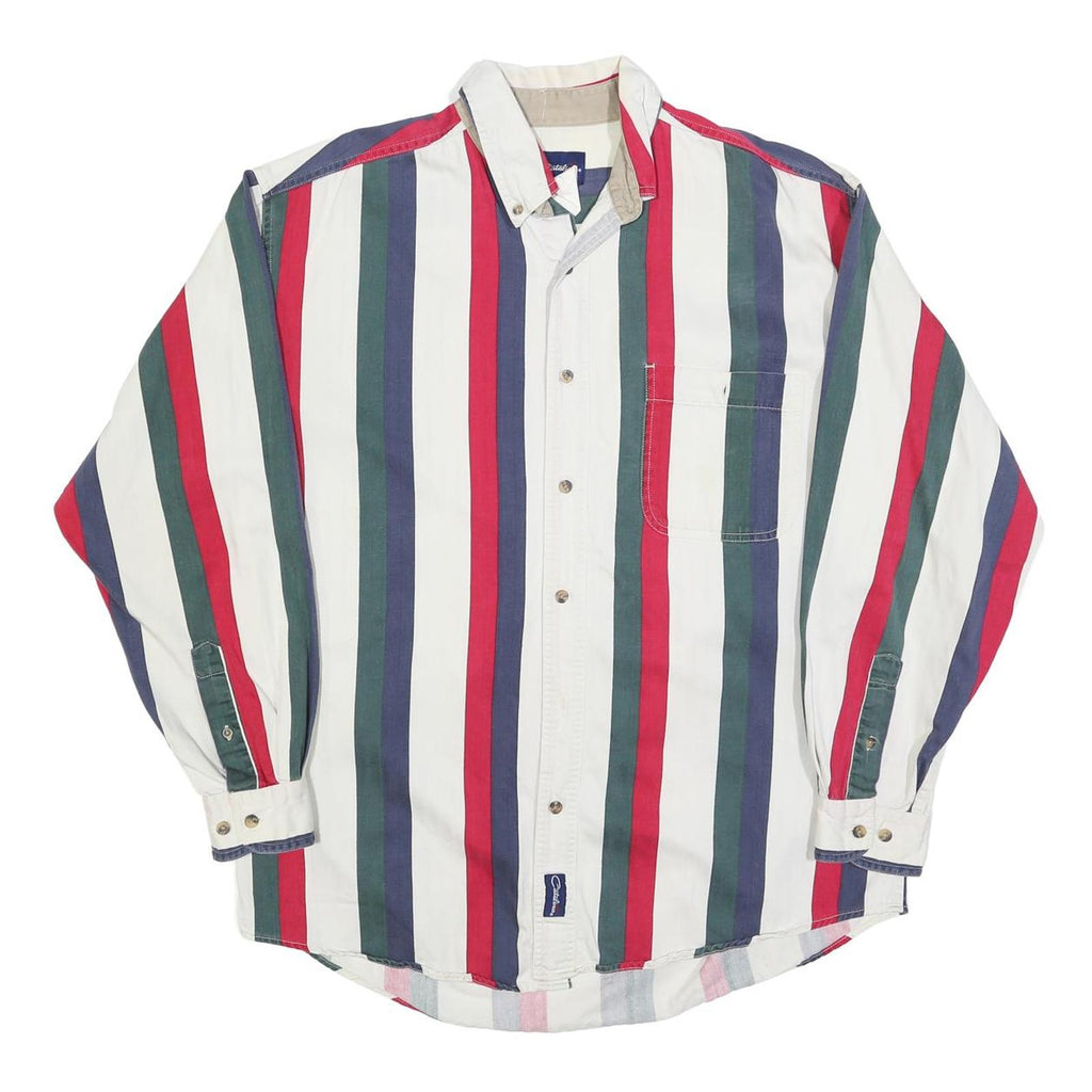 CATALINA Mens White Green & Red Striped Button Shirt L Classic Cotton Blend