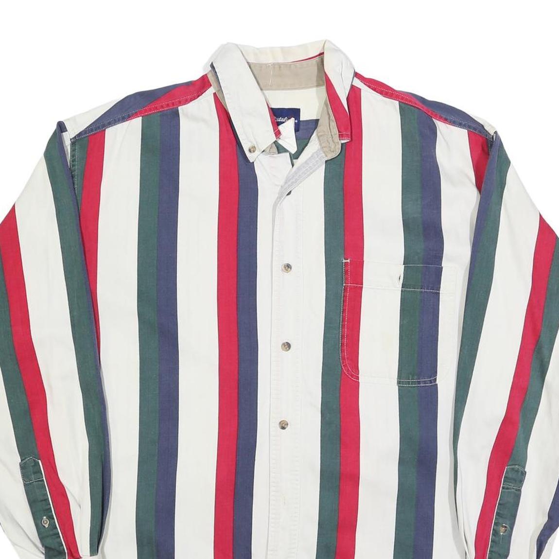 CATALINA Mens White Green & Red Striped Button Shirt L Classic Cotton Blend