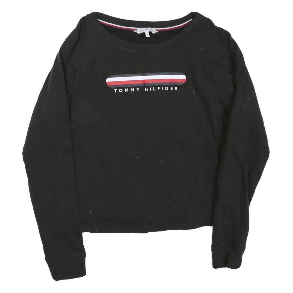 TOMMY HILFIGER Womens Black Cotton Blend Crew Neck S Logo Sweatshirt Pullover