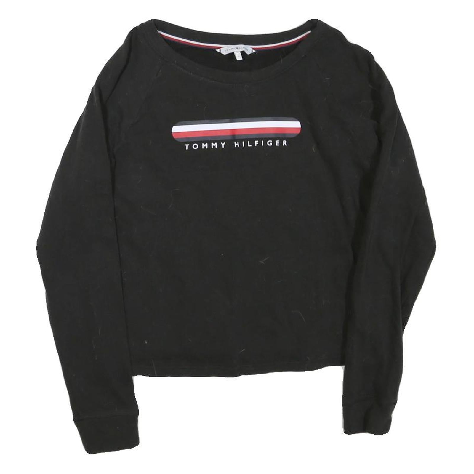 TOMMY HILFIGER Womens Black Cotton Blend Crew Neck S Logo Sweatshirt Pullover